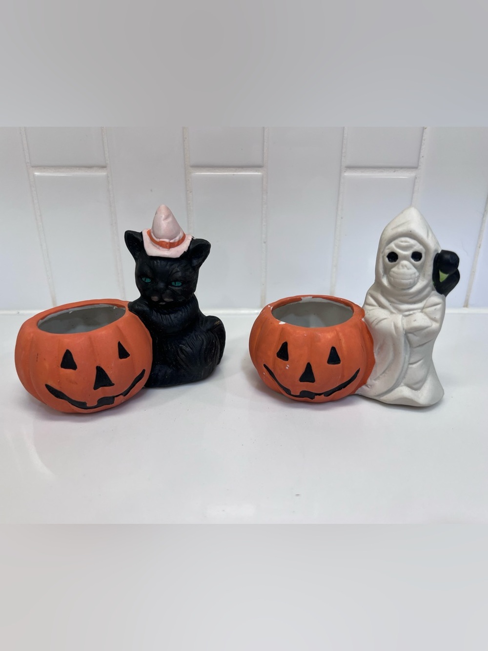 Vintage Porcelain Halloween Black Cat & Ghost With Pumpkin Candle Holder